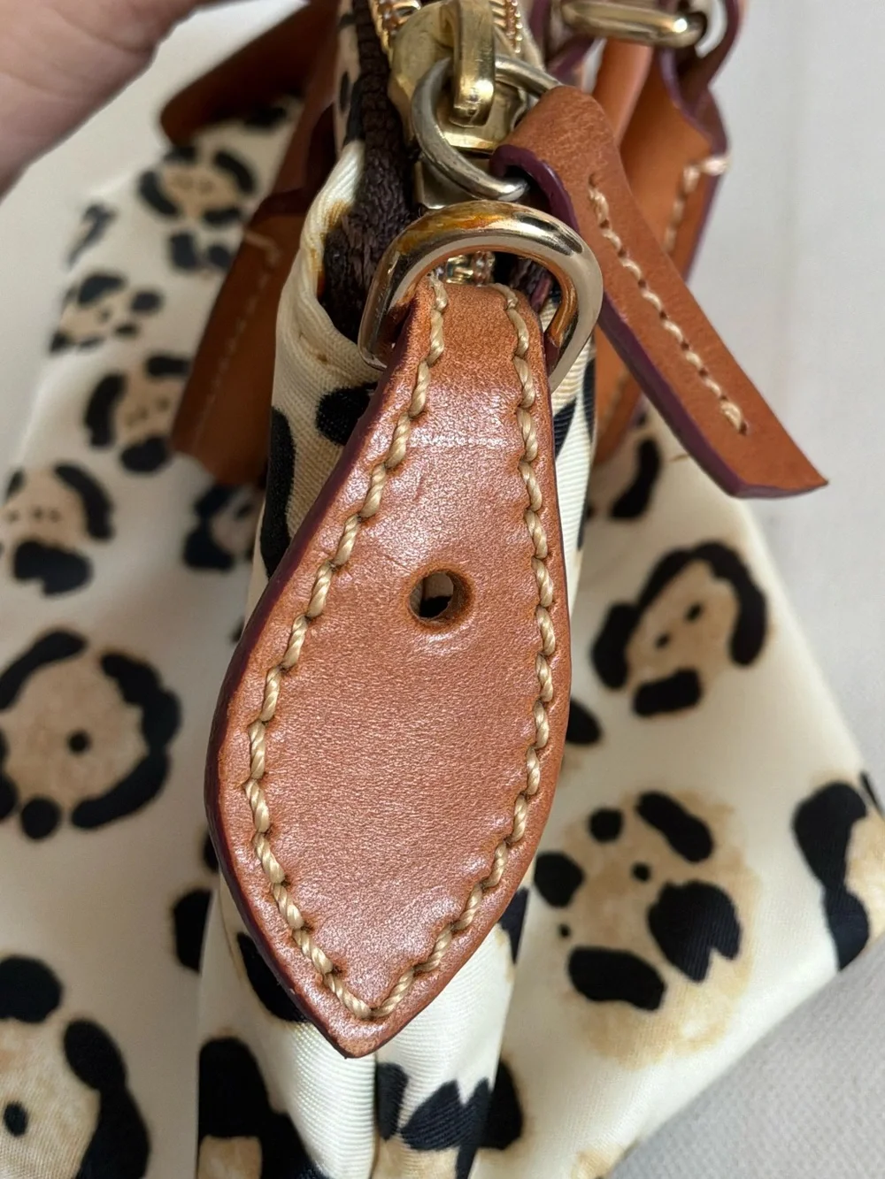 Dooney & Bourke Leopard Print Nylon Satchel Crossbody Bag Leather Trim Tan White